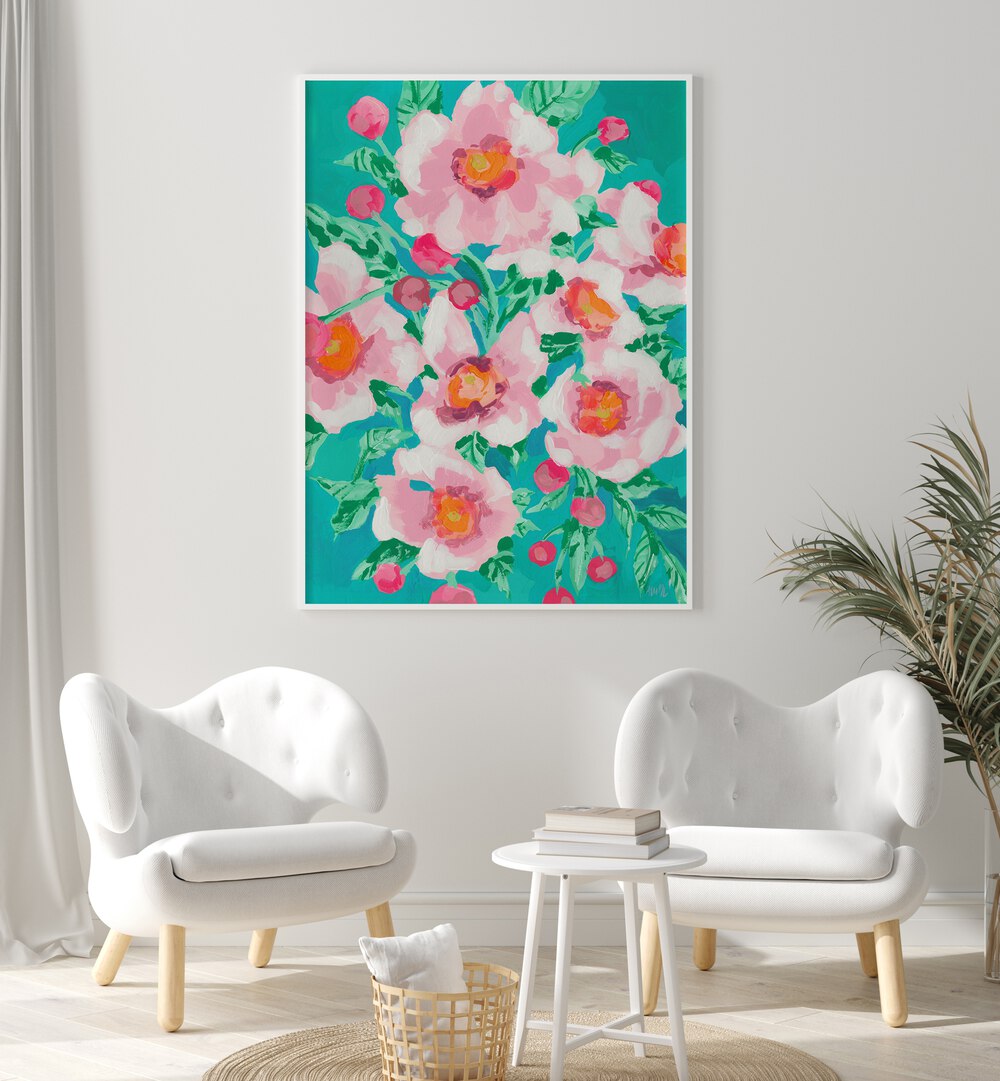 Anemons With Pink Fruits By Ania Zwara Botanical Art Prints Floral Paintings in White Plain Frame placed on a Cream Colored Wall in the Drawing Room