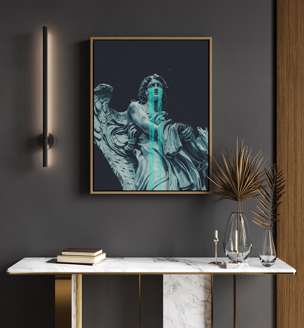 Angel Came By Frank Moth Surreal Art Prints Surrealism in Oak Wood Floater Frame placed on a wall behind a table