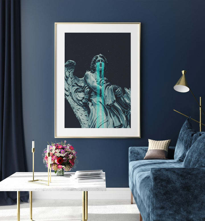 Angel Came By Frank Moth Surreal Art Prints Surrealism in Gold  Frame With Mount placed on a wall beside a table and a sofa