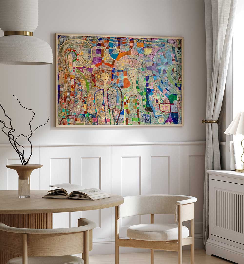 ANGELS AMONG US , ABSTRACT PAINTINGS framed colorful abstract with layered textures and ethereal figures in living room