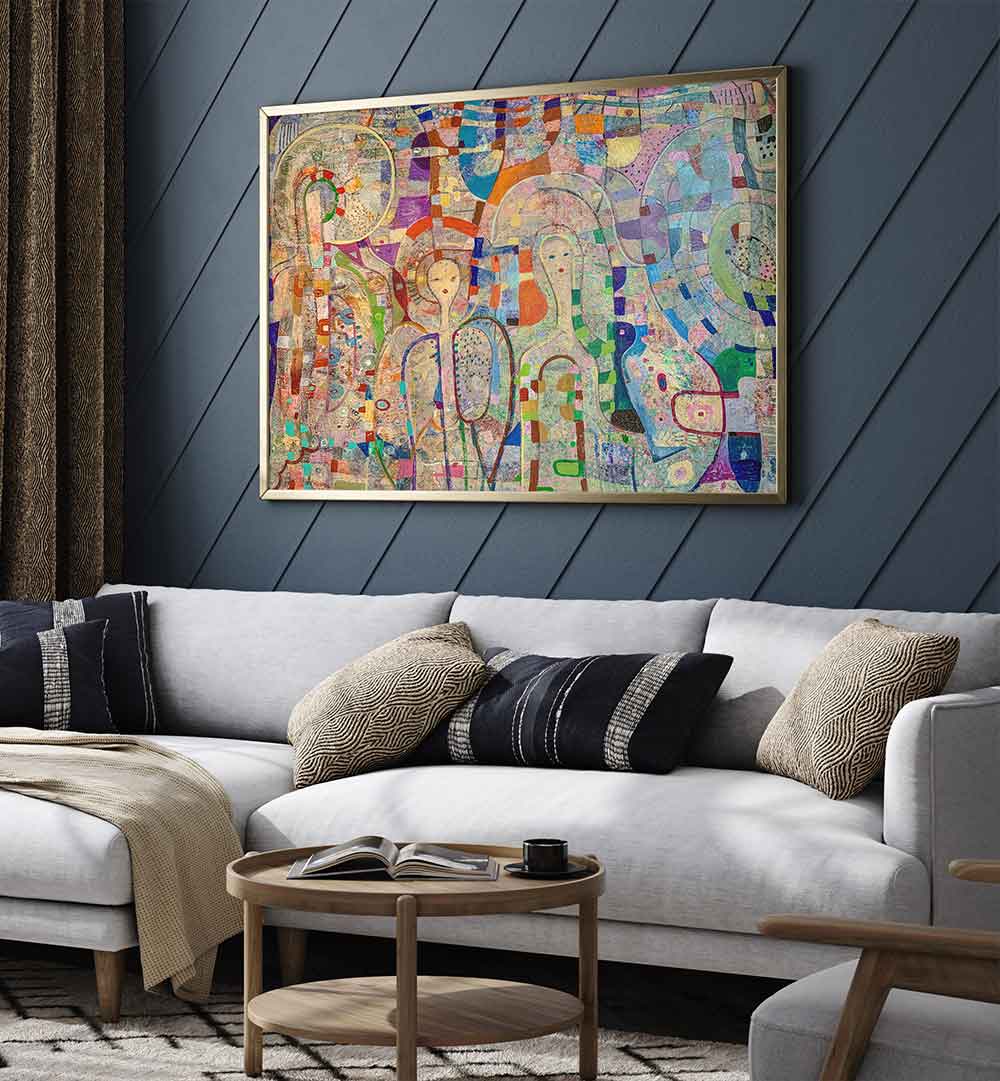 ANGELS AMONG US , ABSTRACT PAINTINGS by Shopify: framed celestial abstract with textures and ethereal figures over sofa