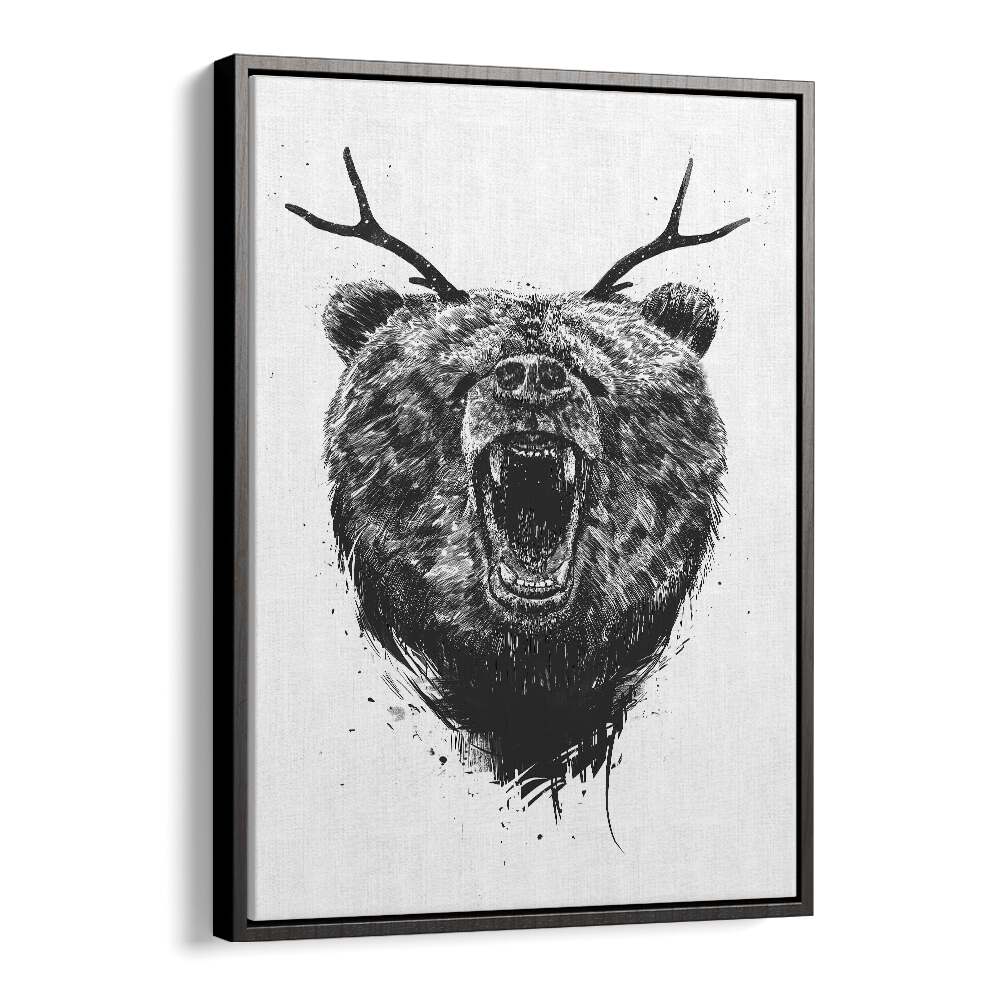 Angry Bear With Antlers By Balazs Solti Wildlife Art Prints in Black Floater Frame