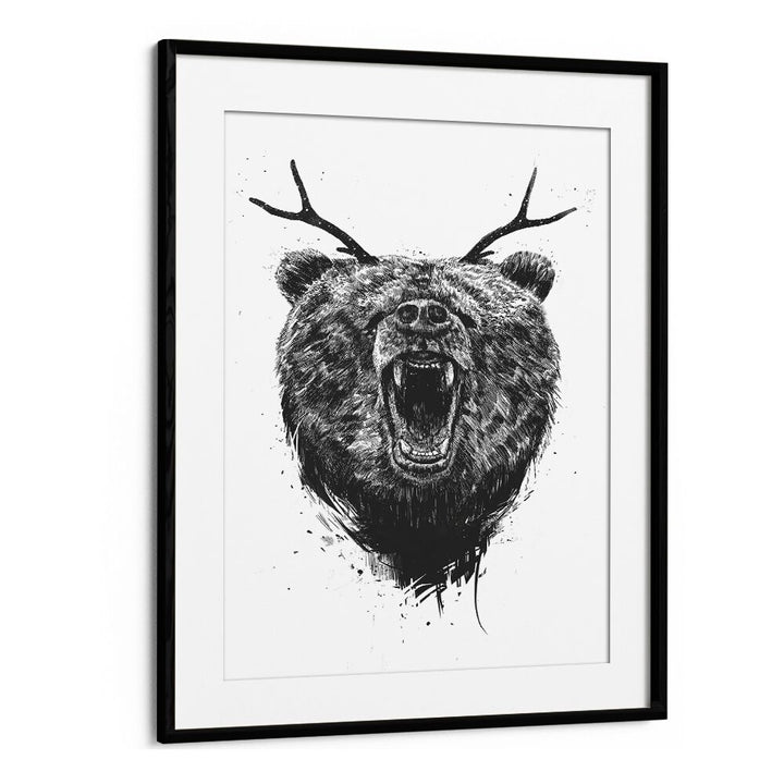 Angry Bear With Antlers By Balazs Solti Wildlife Art Prints in Black Frame With Mount