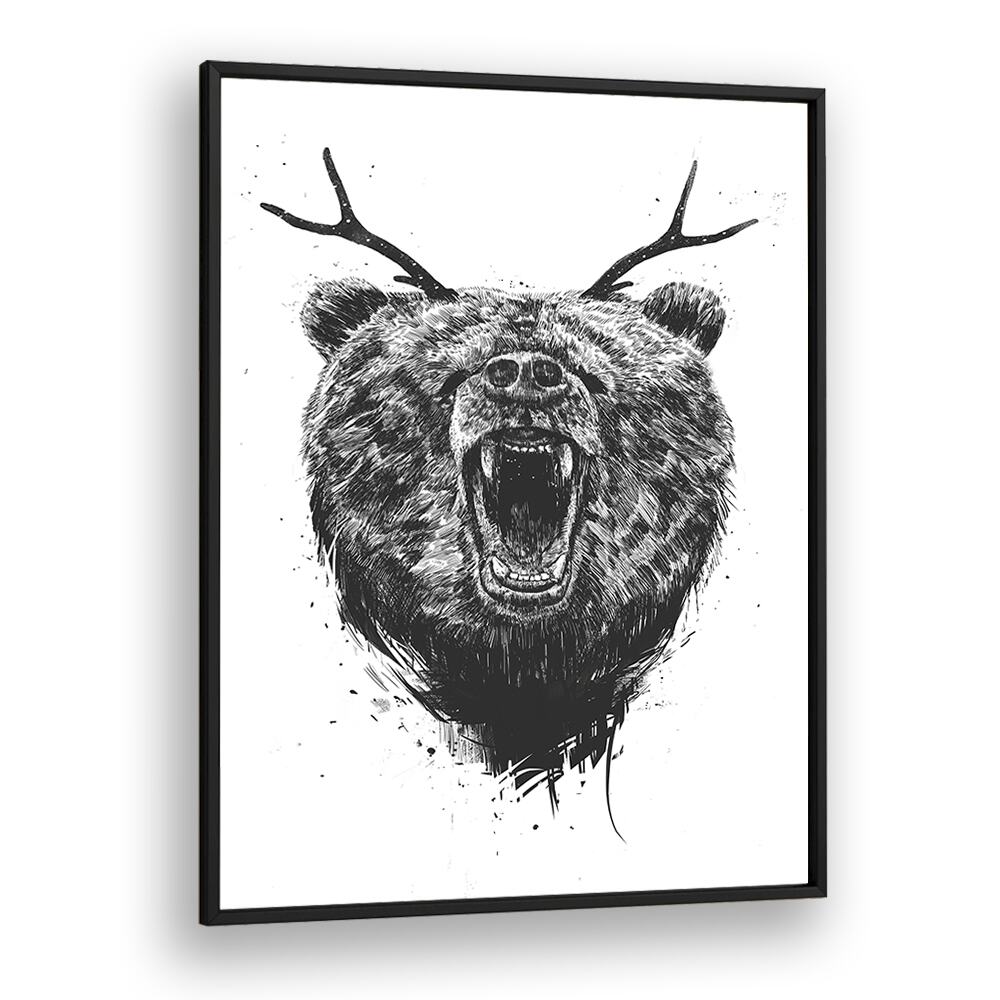 Angry Bear With Antlers By Balazs Solti Wildlife Art Prints in Black Plain Frame