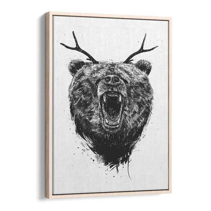 Angry Bear With Antlers By Balazs Solti Wildlife Art Prints in Oak Wood Floater Frame