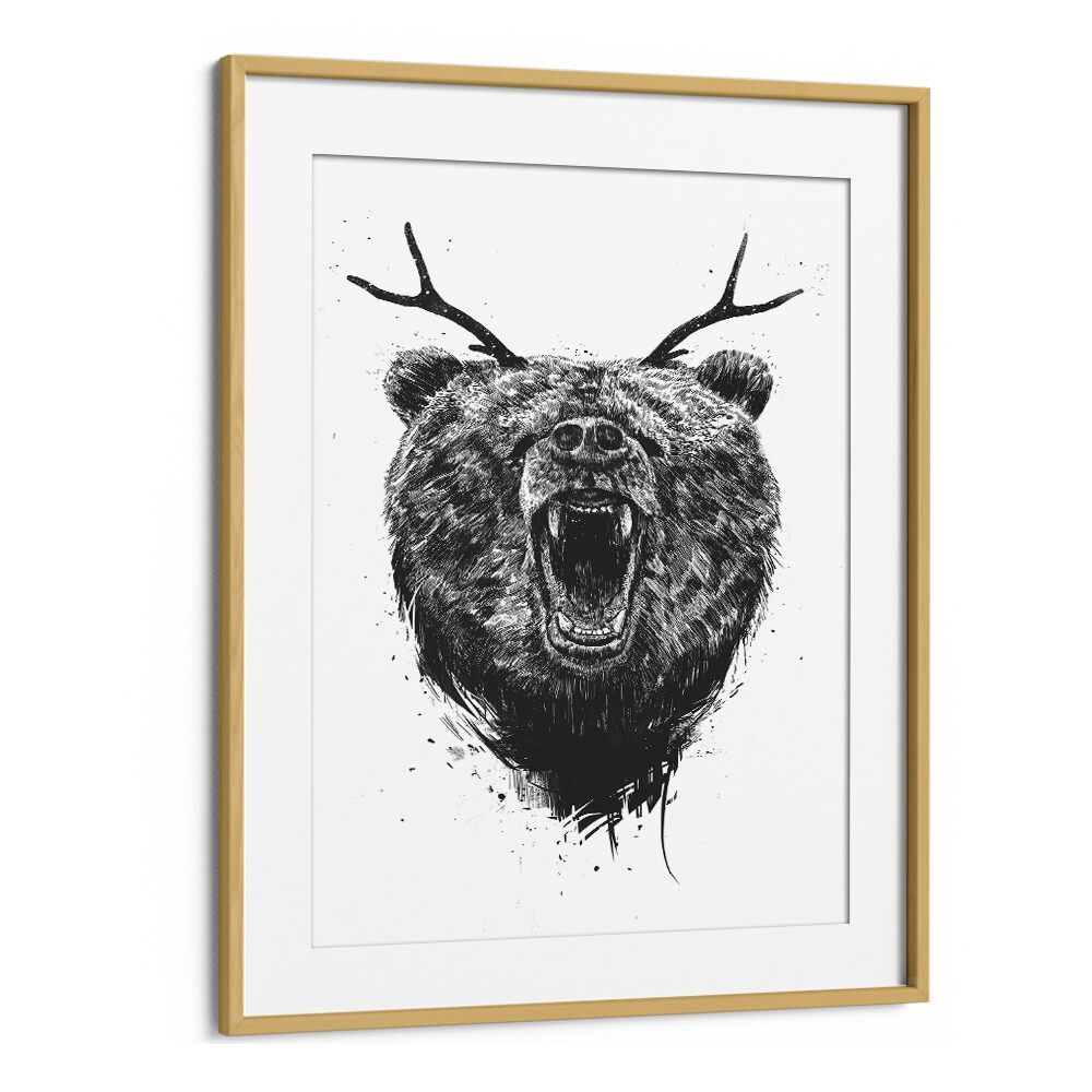 Angry Bear With Antlers By Balazs Solti Wildlife Art Prints in Oak Wood Frame With Mount