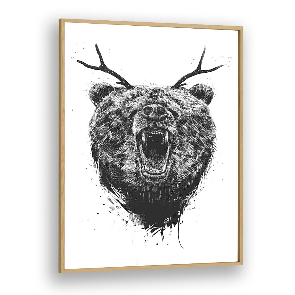 Angry Bear With Antlers By Balazs Solti Wildlife Art Prints in Oak Wood Plain Frame