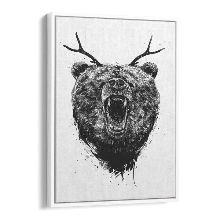 Angry Bear With Antlers By Balazs Solti Wildlife Art Prints in White Floater Frame