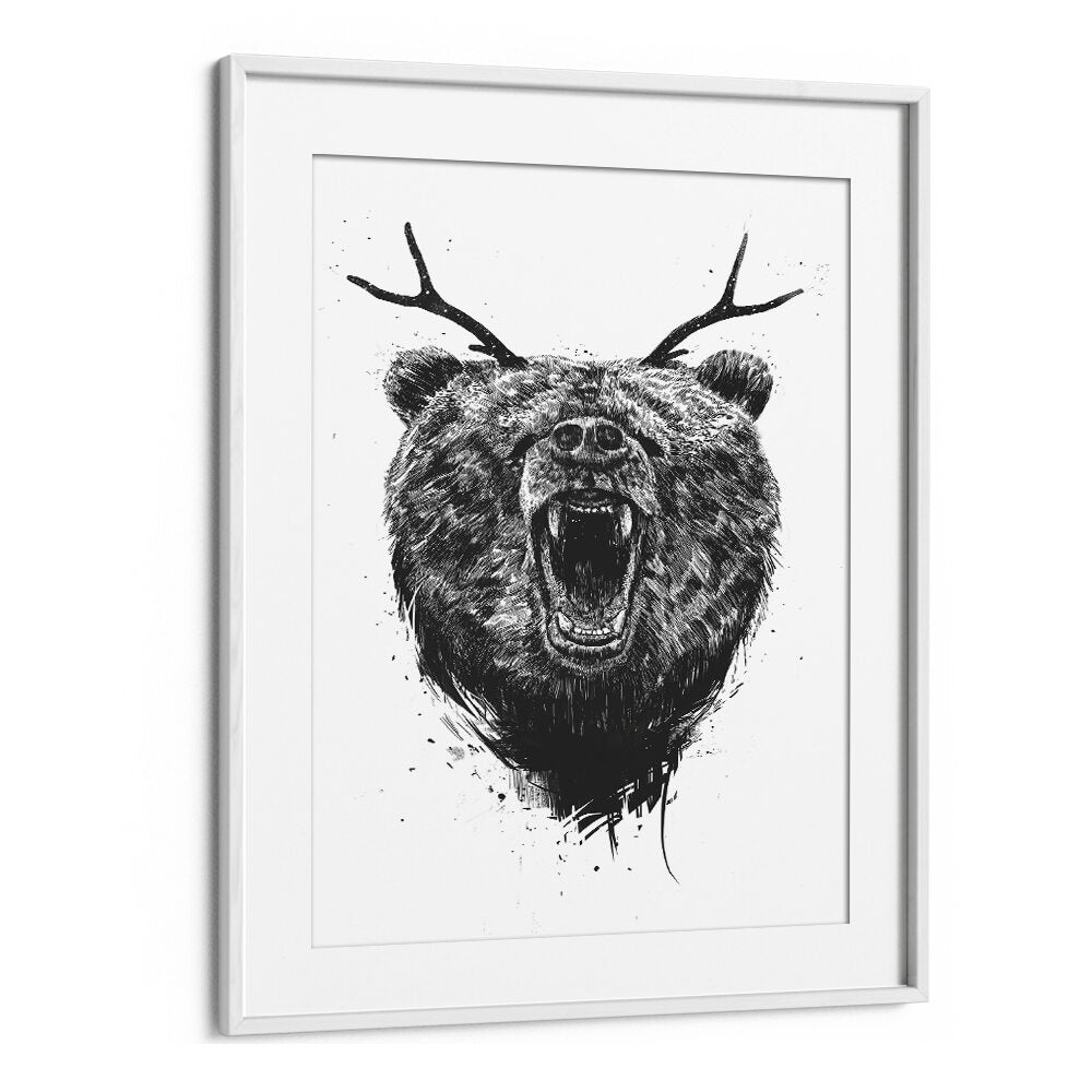 Angry Bear With Antlers By Balazs Solti Wildlife Art Prints in White Frame With Mount