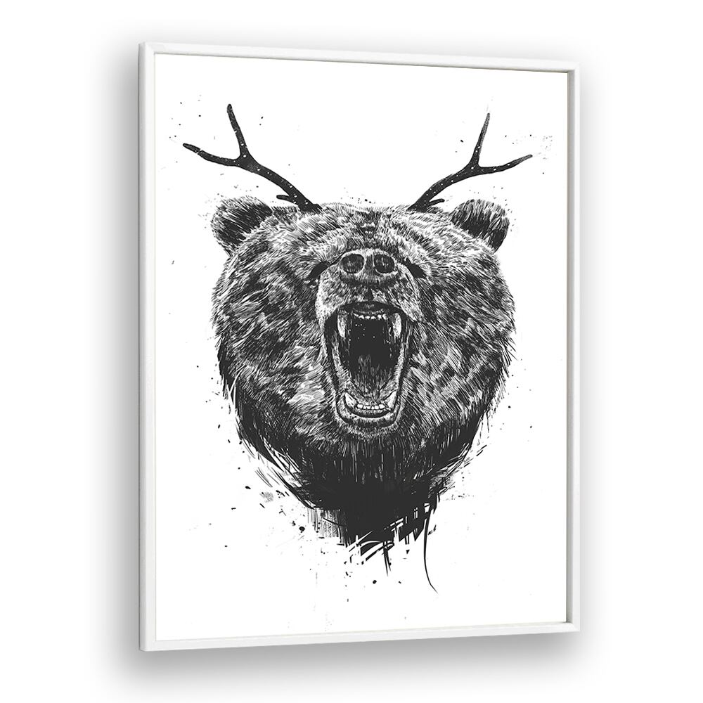 Angry Bear With Antlers By Balazs Solti Wildlife Art Prints in White Plain Frame