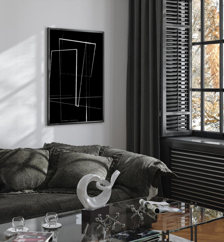 Angular Lines No III By Treechild Abstract Art Prints in Black Plain Frame placed on a White Colored Wall near a Dark Grey Sofa in the Living Room