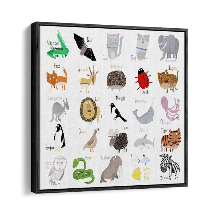 Animal Alphabet Chart White By Carla Daly Kids Room Art in Black Floater Frame