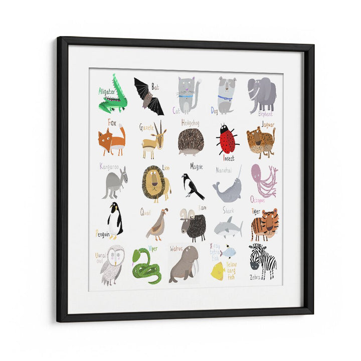 Animal Alphabet Chart White By Carla Daly Kids Room Art in Black Frame With Mount