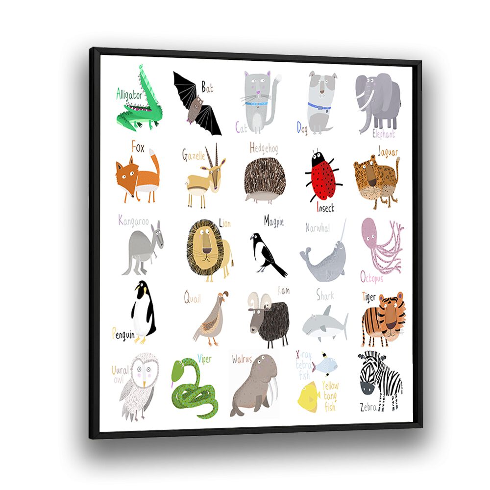 Animal Alphabet Chart White By Carla Daly Kids Room Art in Black Plain Frame