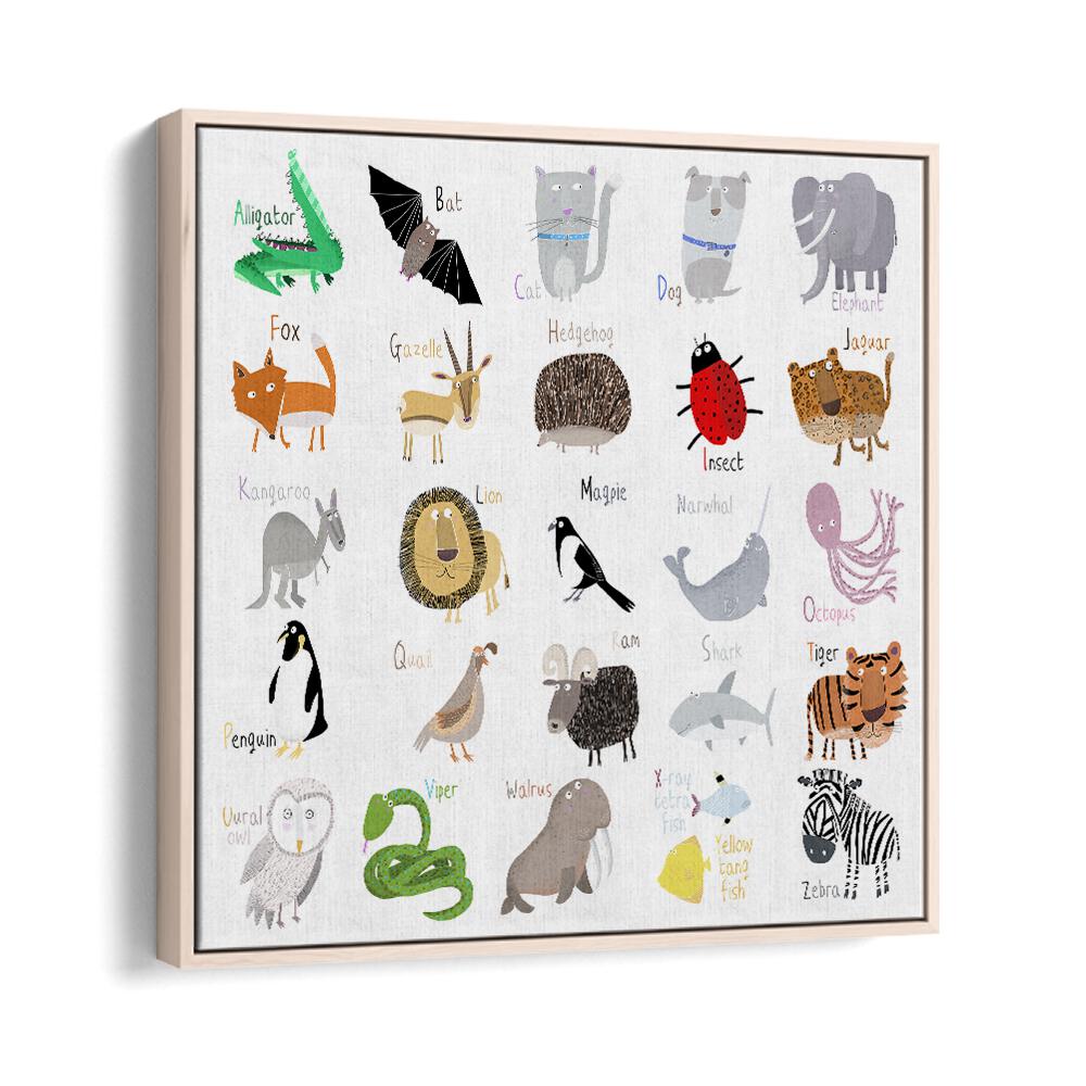 Animal Alphabet Chart White By Carla Daly Kids Room Art in Oak Wood Floater Frame