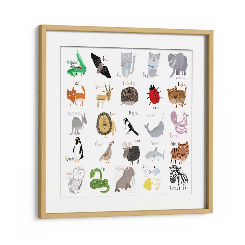 Animal Alphabet Chart White By Carla Daly Kids Room Art in Oak Wood Frame With Mount