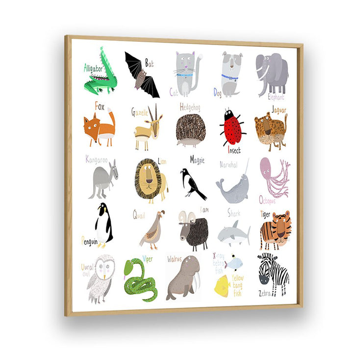 Animal Alphabet Chart White By Carla Daly Kids Room Art in Oak Wood Plain Frame