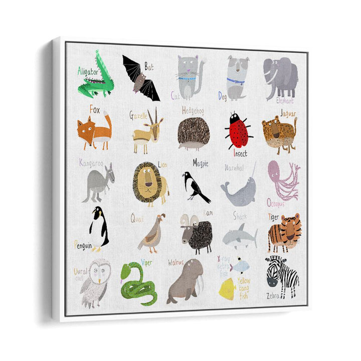 Animal Alphabet Chart White By Carla Daly Kids Room Art in White Floater Frame