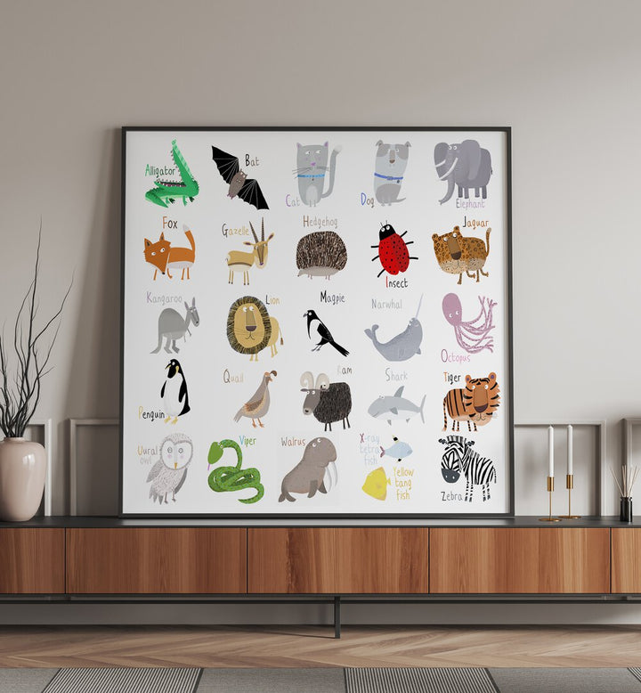 Animal Alphabet Chart White By Carla Daly Kids Room Art  placed on a wall