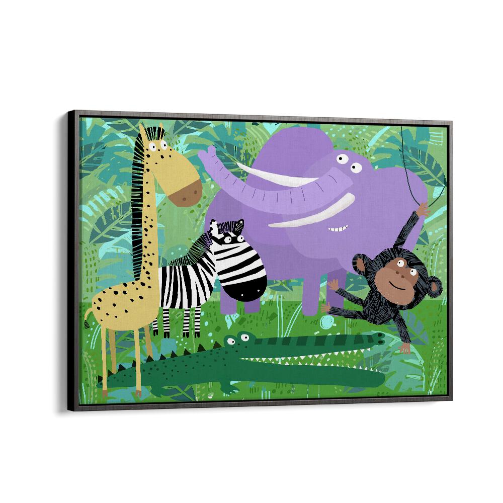 Animals Hanging Out In The Jungle By Carla Daly Kids Room Art in Black Floater Frame