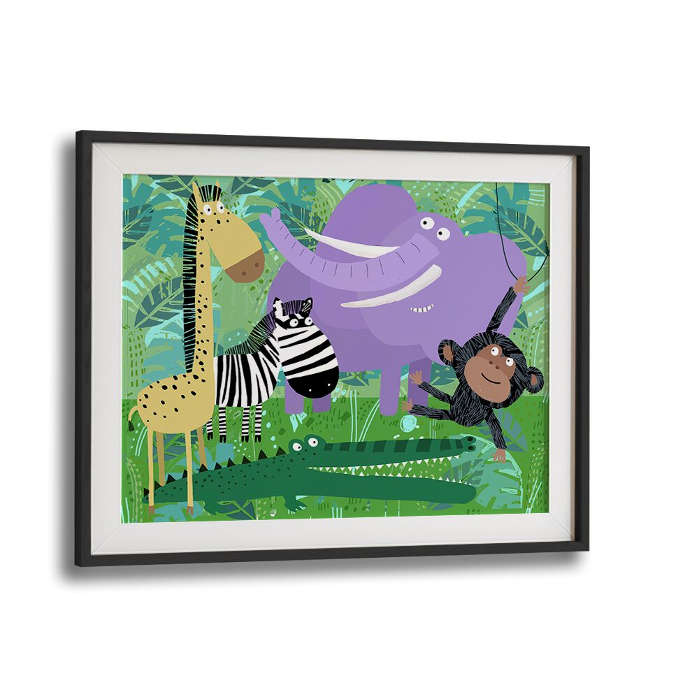 Animals Hanging Out In The Jungle By Carla Daly Kids Room Art in Black Frame With Mount