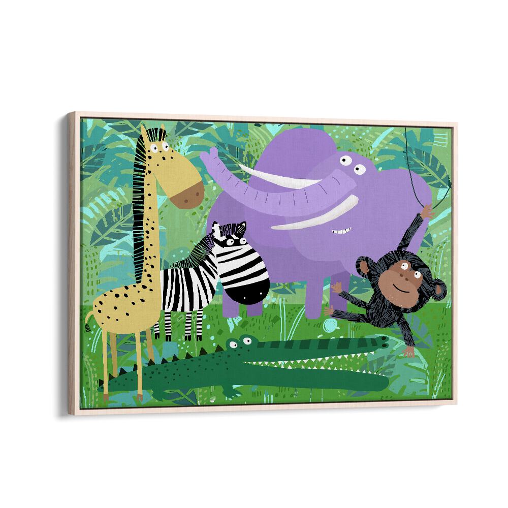 Animals Hanging Out In The Jungle By Carla Daly Kids Room Art in Oak Wood Floater Frame