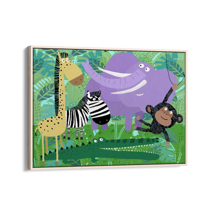 Animals Hanging Out In The Jungle By Carla Daly Kids Room Art in Oak Wood Floater Frame