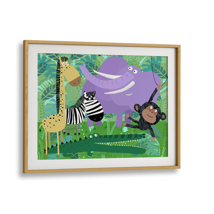 Animals Hanging Out In The Jungle By Carla Daly Kids Room Art in Oak Wood Frame With Mount