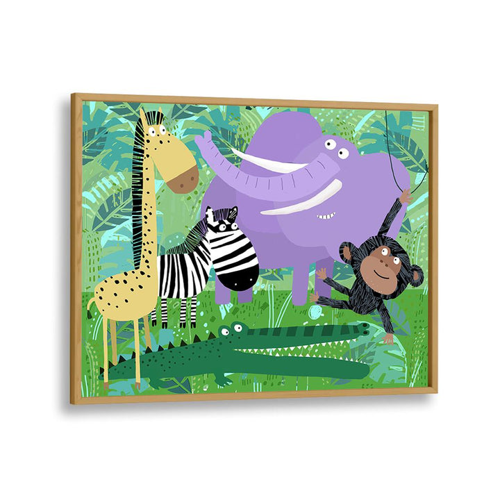 Animals Hanging Out In The Jungle By Carla Daly Kids Room Art in Oak Wood Plain Frame