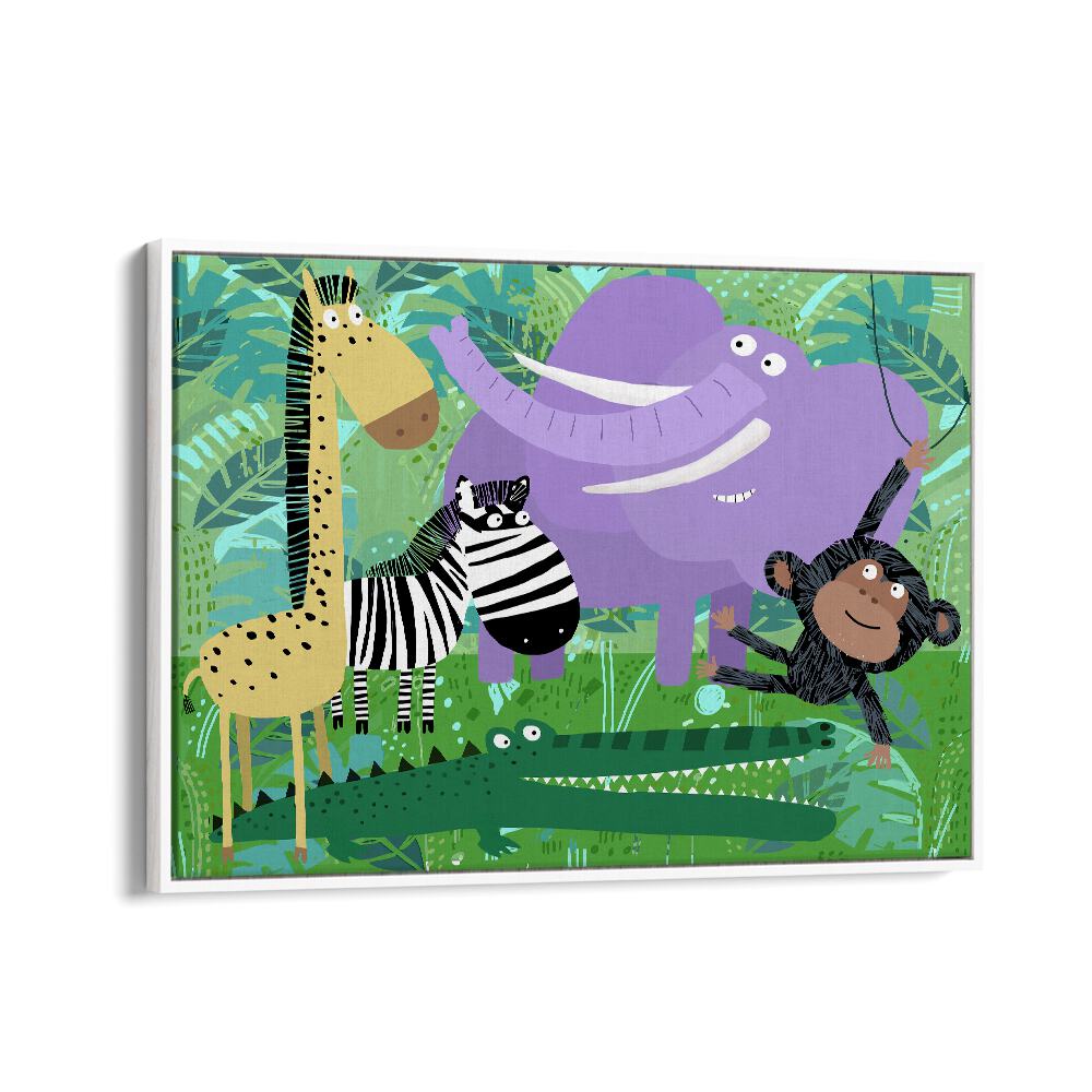 Animals Hanging Out In The Jungle By Carla Daly Kids Room Art in White Floater Frame