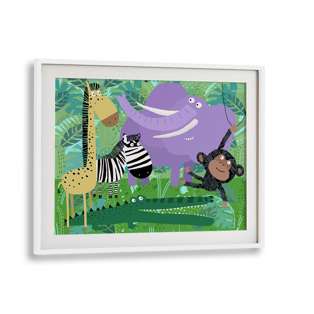 Animals Hanging Out In The Jungle By Carla Daly Kids Room Art in White Frame With Mount