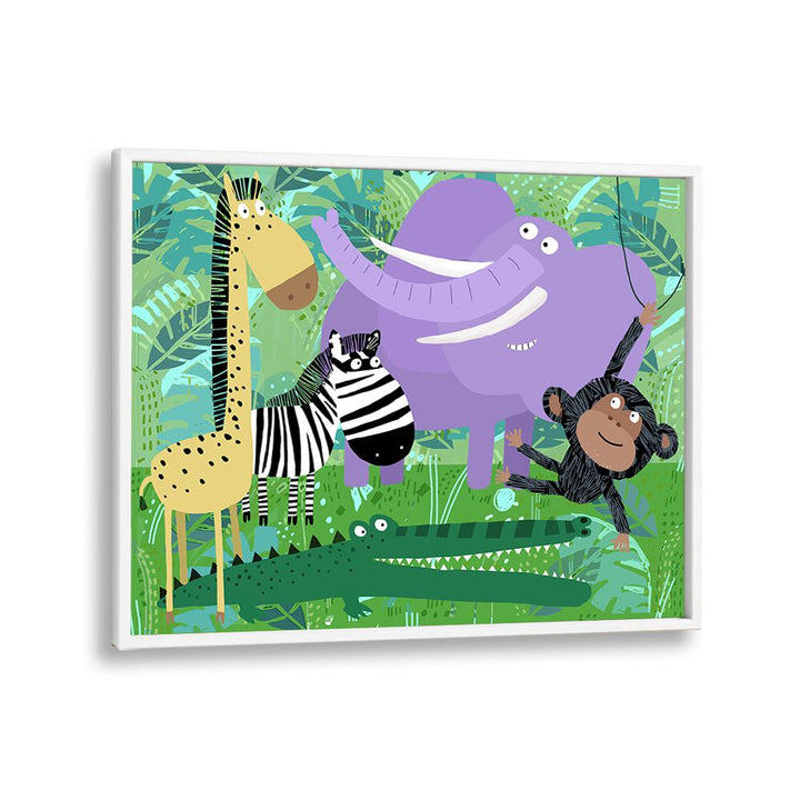 Animals Hanging Out In The Jungle By Carla Daly Kids Room Art in White Plain Frame