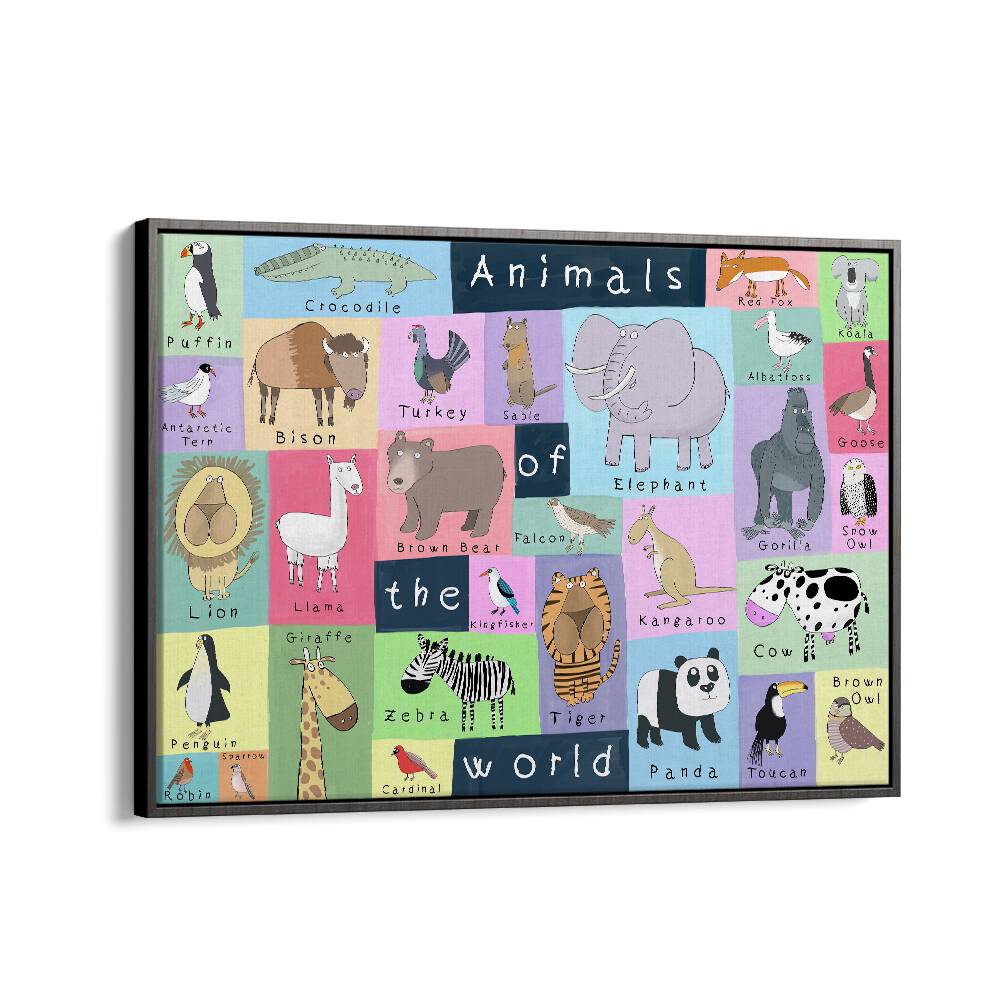 Animals Of The World By Carla Daly Kids Room Art in Black Floater Frame