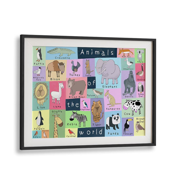 Animals Of The World By Carla Daly Kids Room Art in Black Frame With Mount