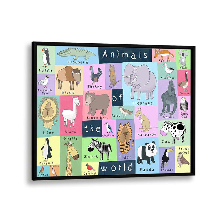 Animals Of The World By Carla Daly Kids Room Art in Black Plain Frame