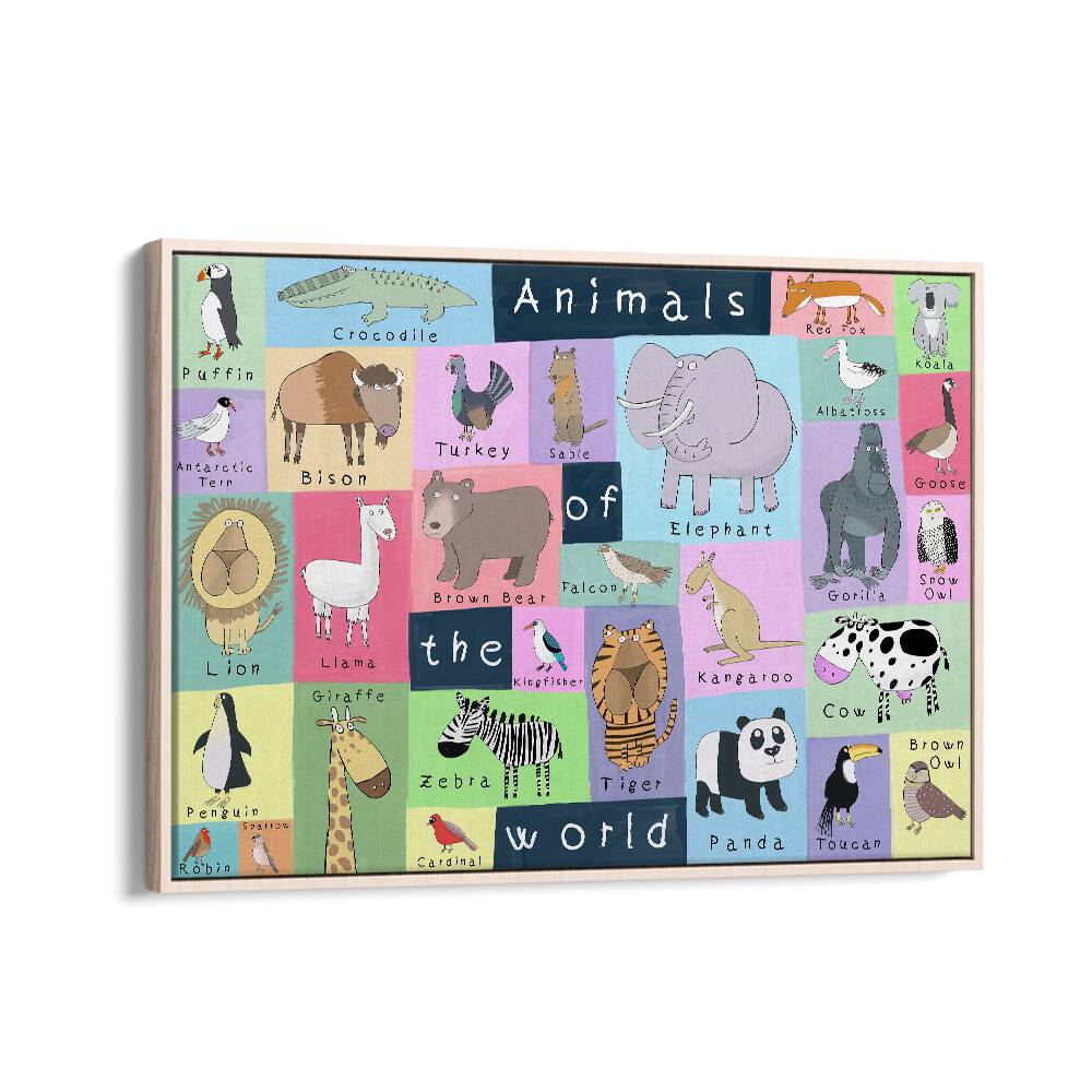 Animals Of The World By Carla Daly Kids Room Art in Oak Wood Floater Frame