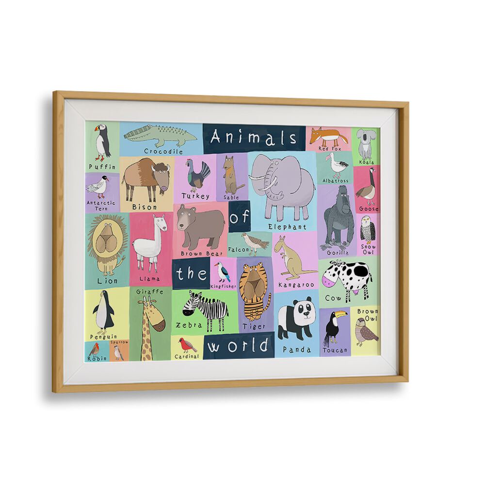 Animals Of The World By Carla Daly Kids Room Art in Oak Wood Frame With Mount