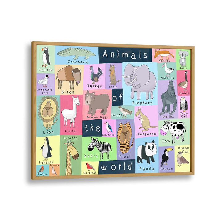 Animals Of The World By Carla Daly Kids Room Art in Oak Wood Plain Frame