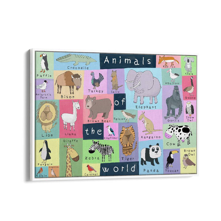 Animals Of The World By Carla Daly Kids Room Art in White Floater Frame