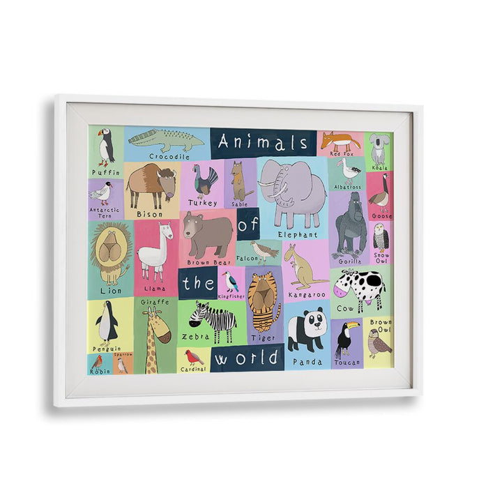 Animals Of The World By Carla Daly Kids Room Art in White Frame With Mount