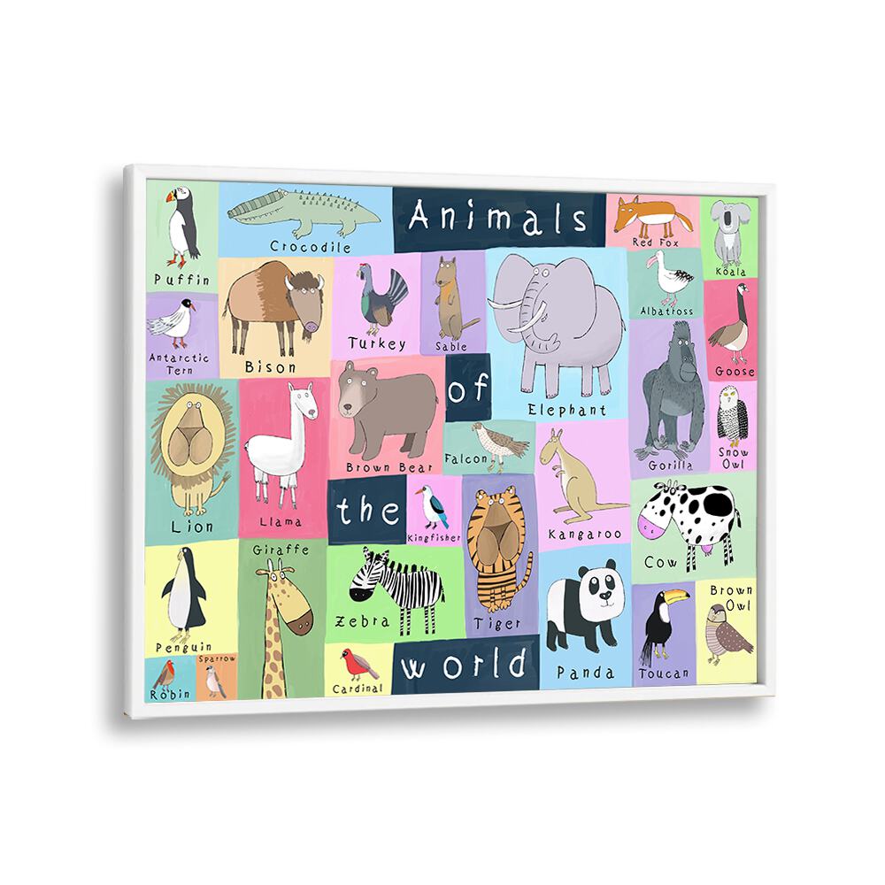 Animals Of The World By Carla Daly Kids Room Art in White Plain Frame