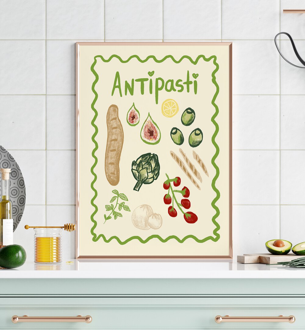 Antipasti by Studio Dolci Kitchen Art Prints in Oak Wood Plain Frame placed on a kitchen counter