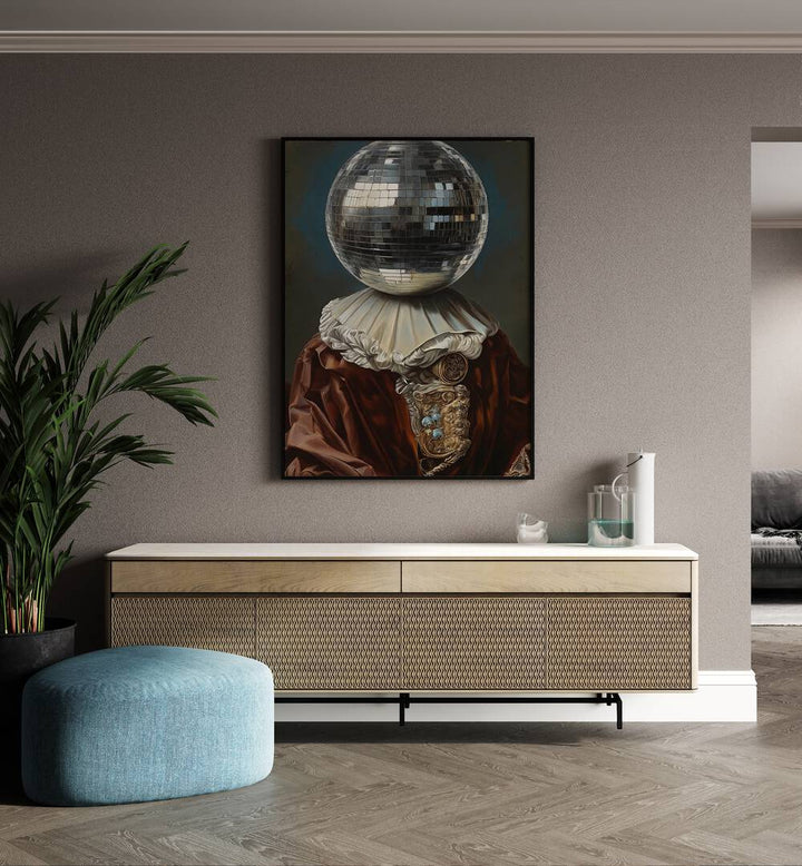 Antique Disco Ball II by the Art Concept Altered Art Prints in Black Plain Frame placed on a wall behind a console table