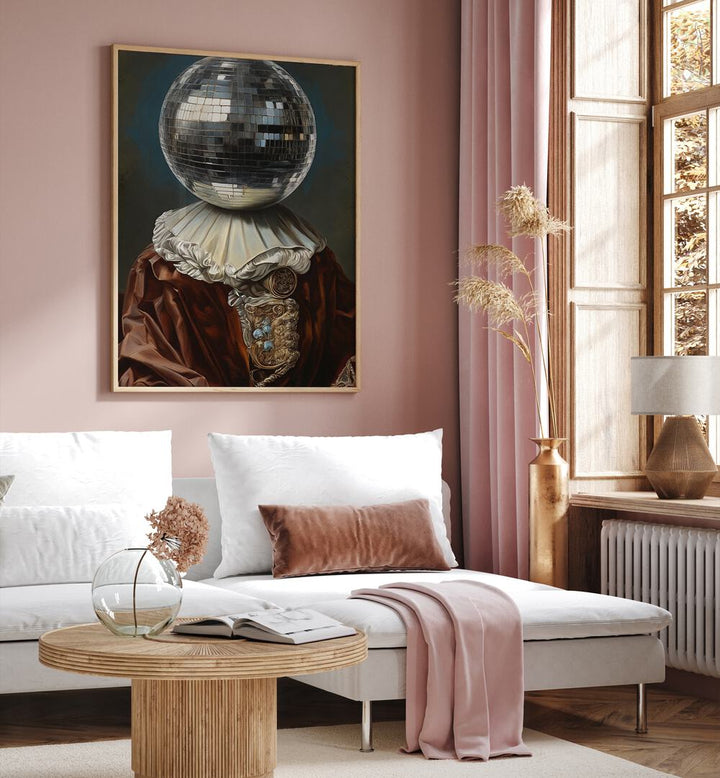 Antique Disco Ball II by the Art Concept Altered Art Prints in Oak Wood Plain Frame placed on a wall behind a sofa