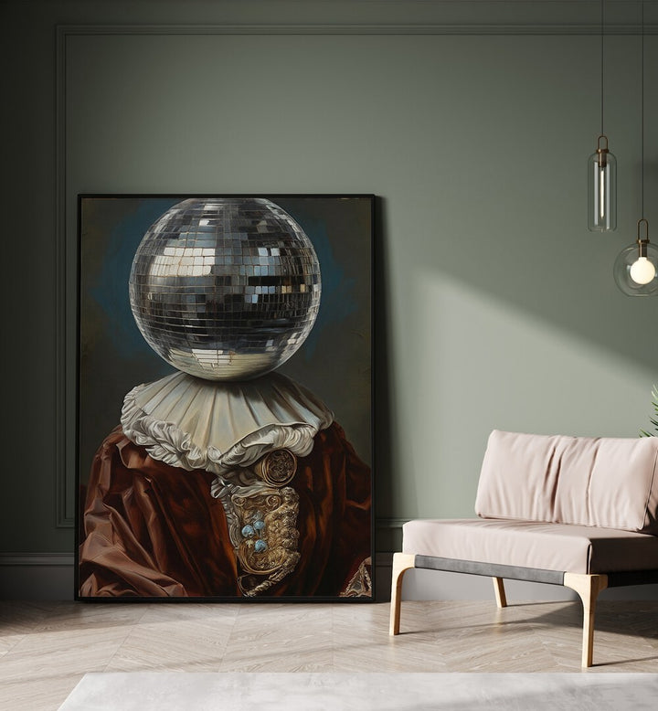 Antique Disco Ball II by the Art Concept Altered Art Prints in Black Plain Frame placed on the floor beside a sofa