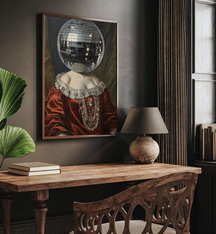 Antique Disco Ball by the Art Concept Altered Art Prints in Dark  Wood Plain Frame placed on a wall behind a study table