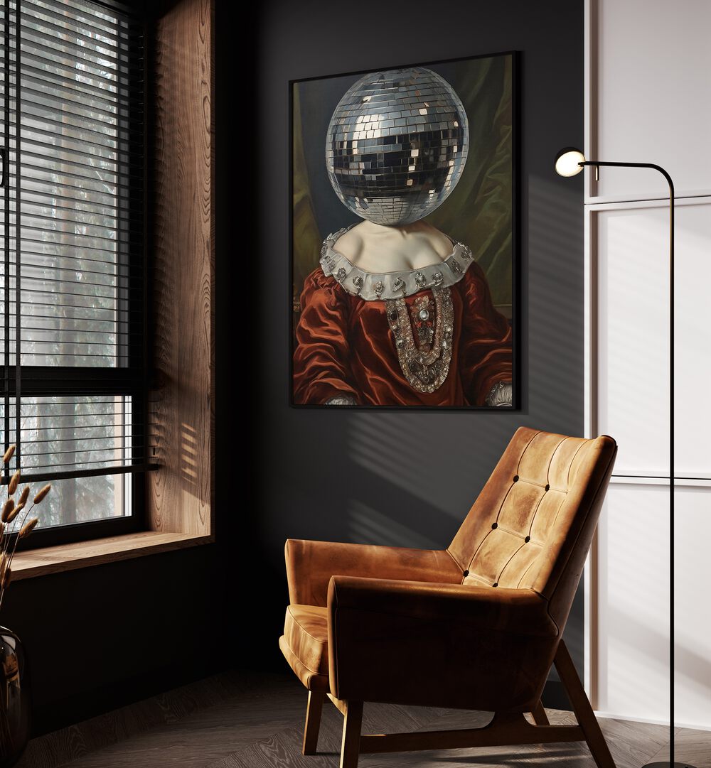 Antique Disco Ball by the Art Concept Altered Art Prints in Black Plain Frame placed on a wall beside an orange sofa