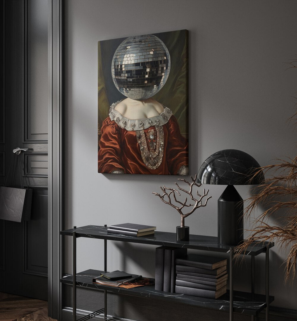 Antique Disco Ball by the Art Concept Altered Art Prints in Gallery Wrap placed on a wall behind a table and beside a door