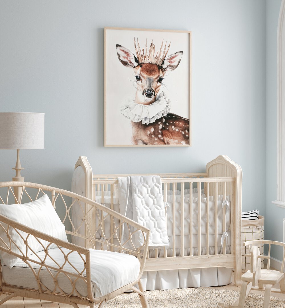 Antler-Crowned Prince Kids Room Paintings Kids Room Wall Art in Oak Wood Plain Frame placed on a wall beside an infant's team for kids room