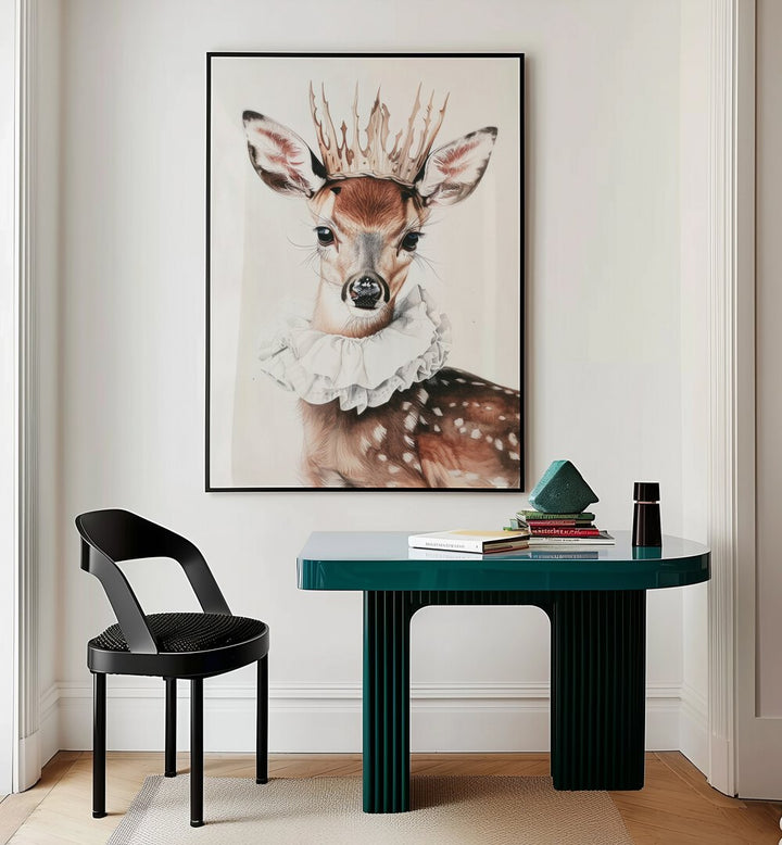 Antler-Crowned Prince Kids Room Paintings Kids Room Wall Art in Black Plain Frame placed on a wall behind a study table